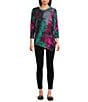 Calessa Plus Size Burnout Tie-Dye Knit Crew Neck 3/4 Sleeve Asymmetric Dipped Hem Tunic, Color:Fuchsia/Lime - Image 3