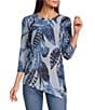 Calessa Burnout Knit Tie-Dye Crew Neck 3/4 Sleeve Asymmetrical Hem Tunic - Image 1