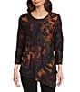 Calessa Burnout Tie-Dye Crew Neck 3/4 Sleeve Asymmetric Tunic, Color:Chocolate Multi - Image 1