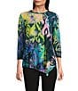 Calessa Burnout Tie-Dye Printed Stretch Crew Neck 3/4 Sleeve Asymmetric Hem Tunic, Color:Cobalt Multi - Image 1