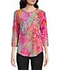 Color:Pink Multi - Image 1 - Burnout Tie Dyed Print Crew Neck 3/4 Sleeve Shirttail Hem Blouse