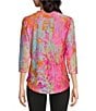 Color:Pink Multi - Image 2 - Burnout Tie Dyed Print Crew Neck 3/4 Sleeve Shirttail Hem Blouse