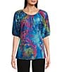 Color:Blue Multi - Image 1 - Burnout Tie-Dyed Print Scoop Neck Elbow Sleeve Peasant Tunic