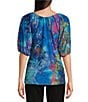 Color:Blue Multi - Image 2 - Burnout Tie-Dyed Print Scoop Neck Elbow Sleeve Peasant Tunic