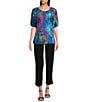 Color:Blue Multi - Image 3 - Burnout Tie-Dyed Print Scoop Neck Elbow Sleeve Peasant Tunic