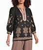 Calessa Contrast Bib Stand Collar 3/4 Puff Sleeves Embroidered Tunic - Image 1