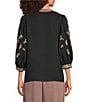 Calessa Contrast Bib Stand Collar 3/4 Puff Sleeves Embroidered Tunic - Image 2