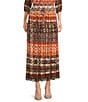 Calessa Coordinating Abstract Border Mesh A-Line Pull-On Midi Skirt, Color:Sand Multi - Image 1