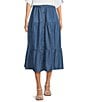 Color:Indigo - Image 1 - Cotton Tiered Smocked Back Button-Front A-Line Midi Skirt