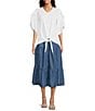 Color:Indigo - Image 3 - Cotton Tiered Smocked Back Button-Front A-Line Midi Skirt