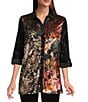 Calessa Crinkle Burnout Patchwork Point Collar Long Roll -Tab Sleeve Button Front Tunic, Color:Rust Multi - Image 1