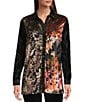 Calessa Crinkle Burnout Patchwork Point Collar Long Roll -Tab Sleeve Button Front Tunic, Color:Rust Multi - Image 3
