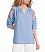 Calessa Crinkle Split V-Neck Embroidered Puff Sleeve Tunic - Image 5