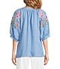 Calessa Crinkle Split V-Neck Embroidered Puff Sleeve Tunic - Image 2