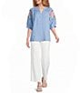 Calessa Crinkle Split V-Neck Embroidered Puff Sleeve Tunic - Image 3