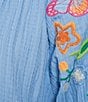 Calessa Crinkle Split V-Neck Embroidered Puff Sleeve Tunic - Image 4