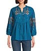Calessa Crinkle Textured Ikat Embroidered Split V-Neck Wrist Sleeve Button-Front Tunic, Color:Turquoise Multi - Image 1