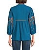 Calessa Crinkle Textured Ikat Embroidered Split V-Neck Wrist Sleeve Button-Front Tunic, Color:Turquoise Multi - Image 2