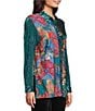 Calessa Crinkle Woven Patchwork Point Collar Long Sleeve Button Front Shirt, Color:Emerald Multi - Image 3