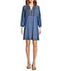 Calessa Embroidered Chambray Split V-Neck Wrist Sleeve Shift Dress, Color:Indigo - Image 1