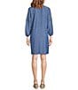 Calessa Embroidered Chambray Split V-Neck Wrist Sleeve Shift Dress, Color:Indigo - Image 2