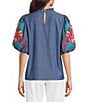 Calessa Embroidered Elbow Sleeve Ruffle Mock Neck Tunic, Color:Indigo Multi - Image 2