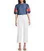 Calessa Embroidered Elbow Sleeve Ruffle Mock Neck Tunic, Color:Indigo Multi - Image 3