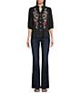 Calessa Embroidered Floral Split V-Neck 3/4 Sleeve Button Front Tunic, Color:Black Multi - Image 3