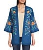 Color:Blue Multi - Image 1 - Embroidered Lace Trim Detail 3/4 Sleeve Open-Front Kimono Cardigan