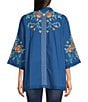 Color:Blue Multi - Image 2 - Embroidered Lace Trim Detail 3/4 Sleeve Open-Front Kimono Cardigan