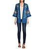 Color:Blue Multi - Image 3 - Embroidered Lace Trim Detail 3/4 Sleeve Open-Front Kimono Cardigan