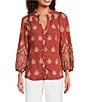 Calessa Embroidered Medallion Print Split V-Neck Bracelet Length Sleeve Button Front Tunic, Color:Crimson/Sand - Image 1