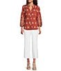 Calessa Embroidered Medallion Print Split V-Neck Bracelet Length Sleeve Button Front Tunic, Color:Crimson/Sand - Image 3