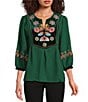 Calessa Embroidered Patchwork Print Round Split V-Neck 3/4 Sleeve Tunic, Color:Emerald Multi - Image 1