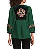 Calessa Embroidered Patchwork Print Round Split V-Neck 3/4 Sleeve Tunic, Color:Emerald Multi - Image 2