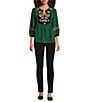 Calessa Embroidered Patchwork Print Round Split V-Neck 3/4 Sleeve Tunic, Color:Emerald Multi - Image 3