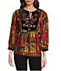 Calessa Embroidered Patchwork Print Split V-Neck 3/4 Sleeve Tassel Tie Tunic, Color:Gold Multi - Image 1