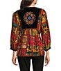 Calessa Embroidered Patchwork Print Split V-Neck 3/4 Sleeve Tassel Tie Tunic, Color:Gold Multi - Image 2
