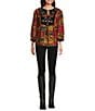 Calessa Embroidered Patchwork Print Split V-Neck 3/4 Sleeve Tassel Tie Tunic, Color:Gold Multi - Image 3