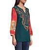 Calessa Embroidered Patchwork Print Split V-Neck Wrist Sleeve Tunic, Color:Emerald Multi - Image 3