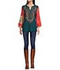 Calessa Embroidered Patchwork Print Split V-Neck Wrist Sleeve Tunic, Color:Emerald Multi - Image 5