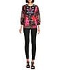 Calessa Embroidered Patchwork Round Split V-Neck 3/4 Sleeve Tunic, Color:Black Multi - Image 3