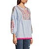 Calessa Embroidered Patchwork Split Round V-Neck 3/4 Sleeve Tunic, Color:Blue Multi - Image 3