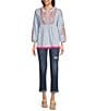 Calessa Embroidered Patchwork Split Round V-Neck 3/4 Sleeve Tunic, Color:Blue Multi - Image 5
