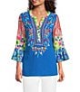 Calessa Embroidered Patchwork Split V-Neck 3/4 Flounce Sleeve Tunic - Image 1