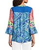 Calessa Embroidered Patchwork Split V-Neck 3/4 Flounce Sleeve Tunic - Image 2