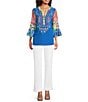 Calessa Embroidered Patchwork Split V-Neck 3/4 Flounce Sleeve Tunic - Image 5