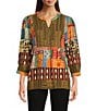 Calessa Patchwork Embroidered Split V-Neck 3/4 Sleeve Tunic, Color:Black Multi - Image 1