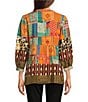 Calessa Patchwork Embroidered Split V-Neck 3/4 Sleeve Tunic, Color:Black Multi - Image 2