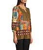 Calessa Patchwork Embroidered Split V-Neck 3/4 Sleeve Tunic, Color:Black Multi - Image 3